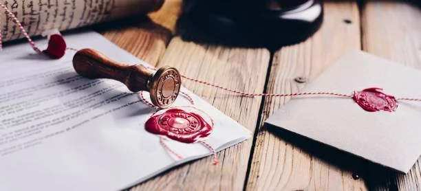 A wax seal stamp resting on a document with a red wax seal and string, along with an envelope and other papers on a wooden surface.