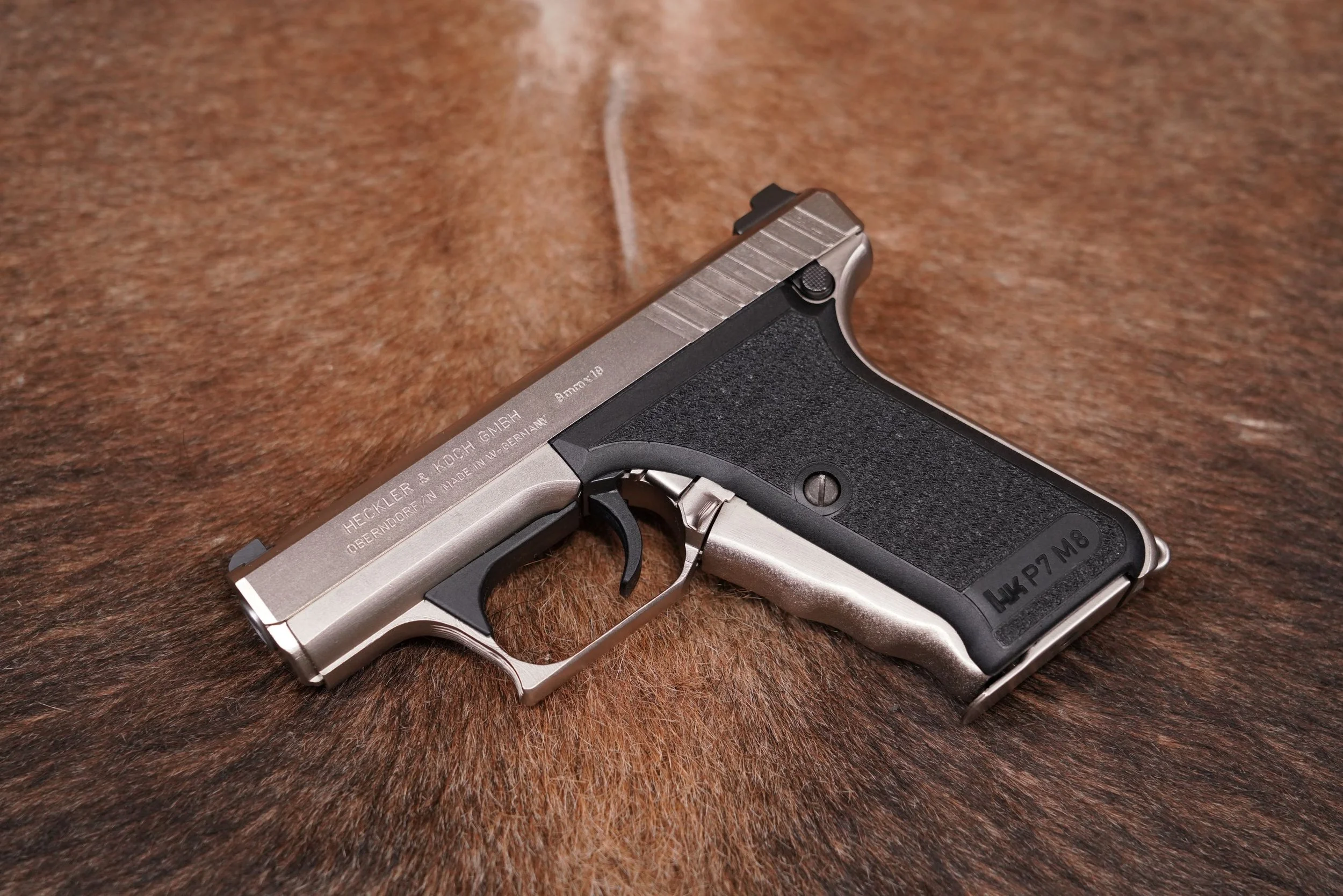 03 Heckler & Koch H&K Model P7M8 P7-M8 9mm Nickel Semi-Auto Pistol, 1992.JPG
