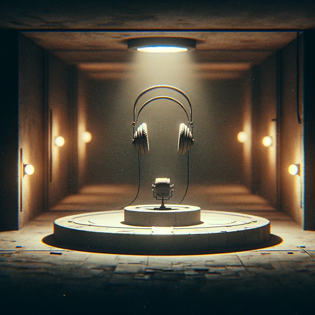 DALL·E 2023-12-23 23.17.03 - Create an animated image of a room with a small, cylindrical platform in the center and a pair of headphones hovering over it. The room should be diml.png