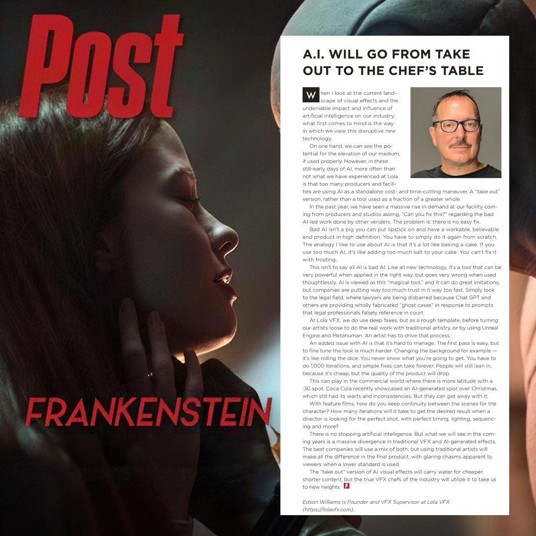 Magazine cover for Post featuring a woman with her eyes closed and a man with glasses and a mustache in a small inset photo. The title includes 'FANKENSTEIN' in red letters and an article headlined 'A.I. will go from take out to the chef's table'.