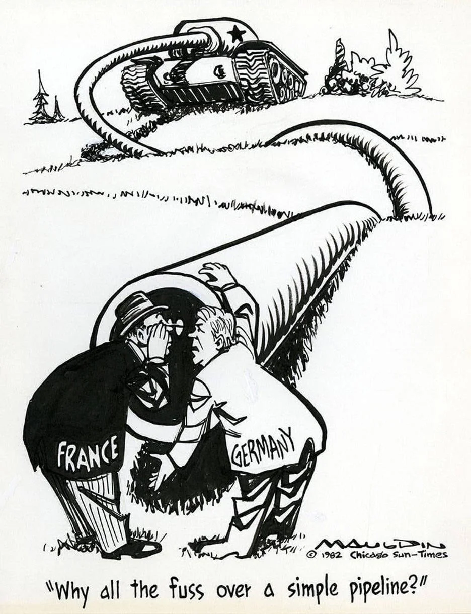 Cartoon shows France and Germany peering into one end of the pipeline, at the other end a soviet Tank