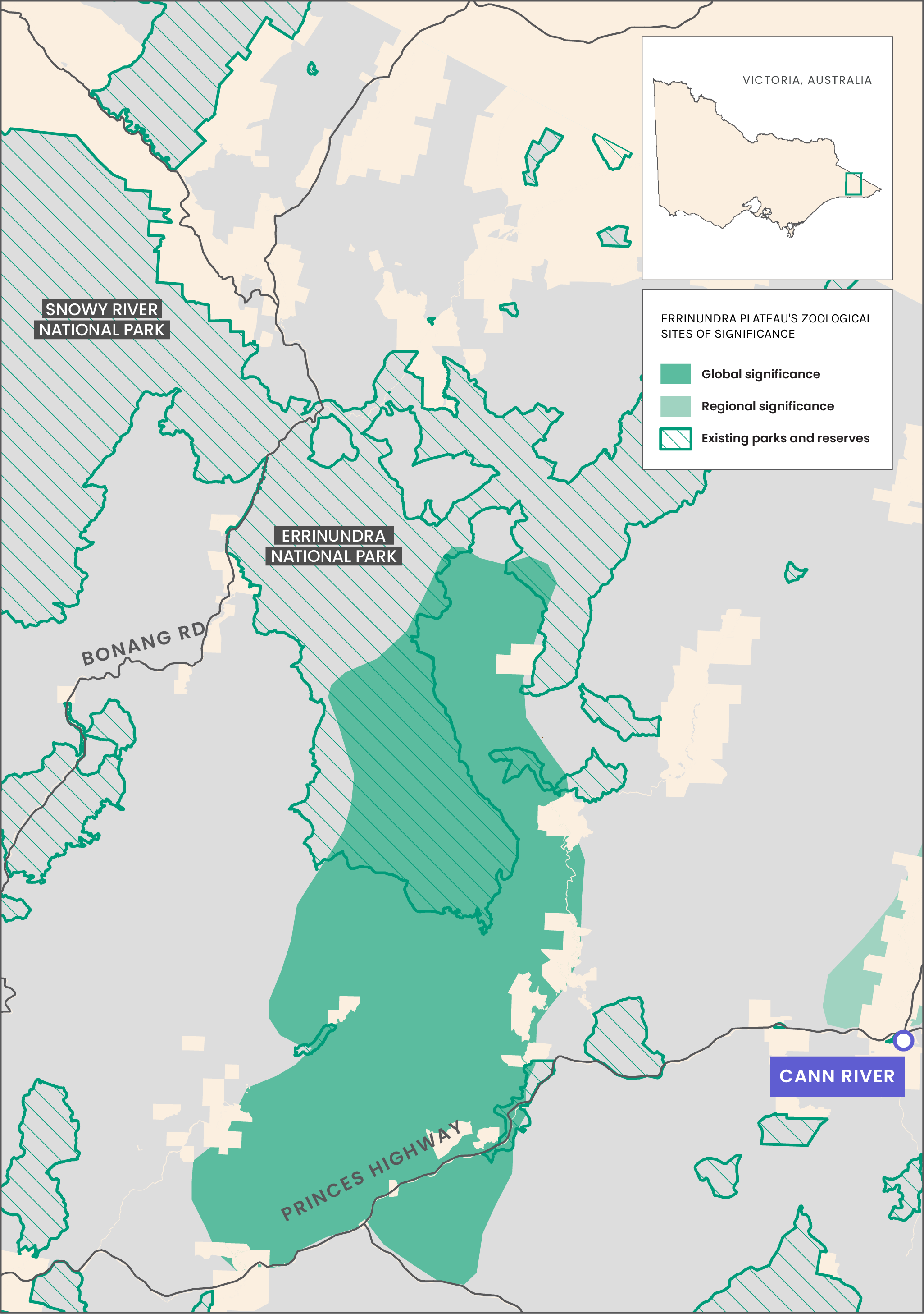 Map showing the Errinundra Plateau's zoological sites of significance in southeastern Australia, highlighting regions of global and regional importance, existing parks and reserves, with nearby Snowy River and Princes Highway, plus an inset map of Victoria, Australia, and a label for the Cann River.