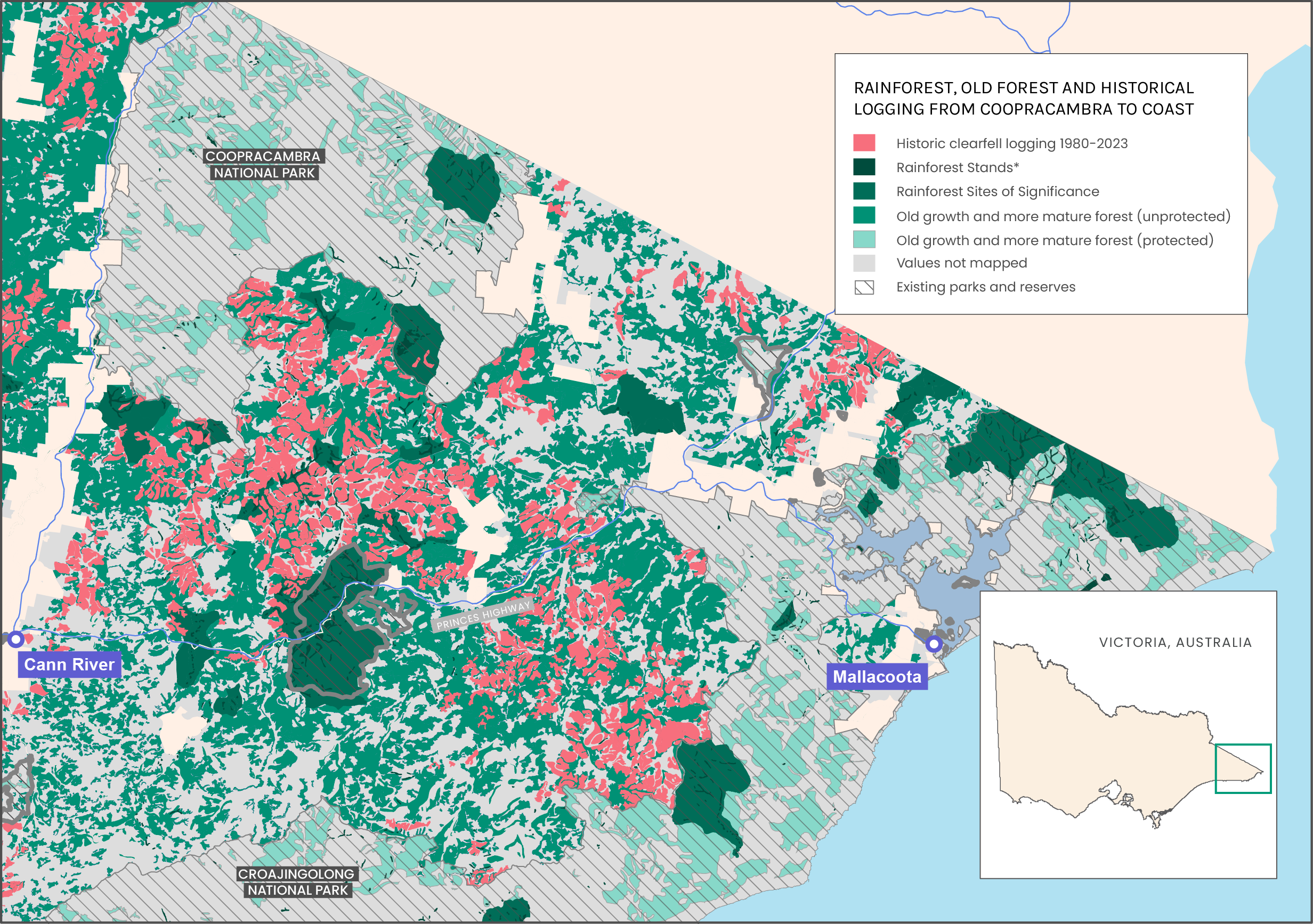 Map of Victoria, Australia, showing rainforests, old forests, and historical logging areas from Coopergambra to coast. Marked locations include Cann River, Mallacoota, and Croajingolong National Park. The map highlights different forest types, logging history from 1980 to 2023, and existing parks and reserves.