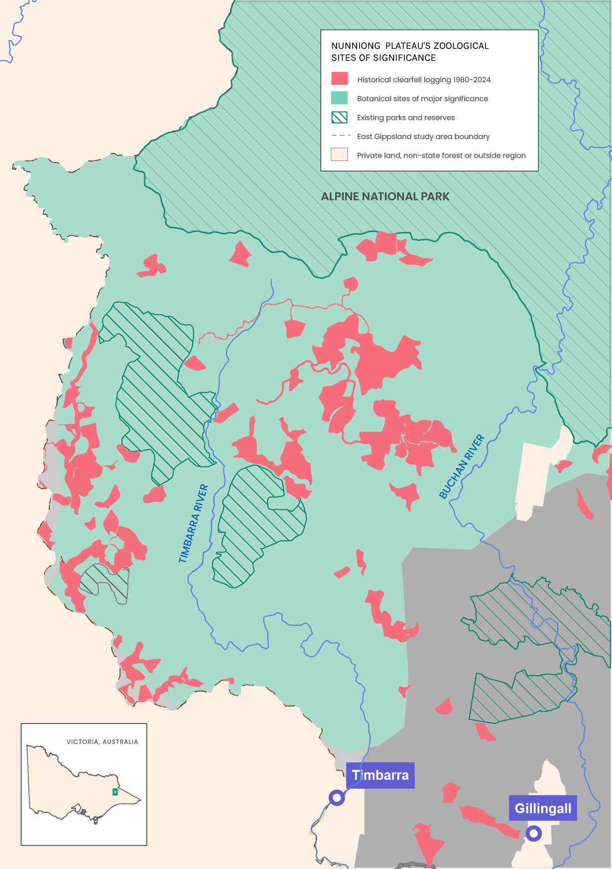 Map of Nunningung Plateau, showing historical clearfell logging areas in pink, botanical sites in green, existing parks and reserves with green crosshatch, and borders of the East Gippsland study area. Locations of Timbara and Gillingall marked in blue.
