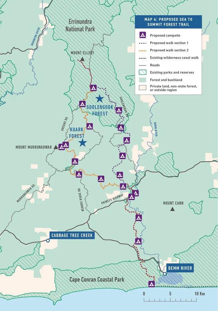Map showing proposed sea to summit forest trail with key landmarks including Errinundra National Park, Koolengook Forest, Kuark Forest, and Cape Conran Coastal Park. Features include proposed campsites, walk sections, existing wilderness coast walk, roads, and existing parks and reserves.