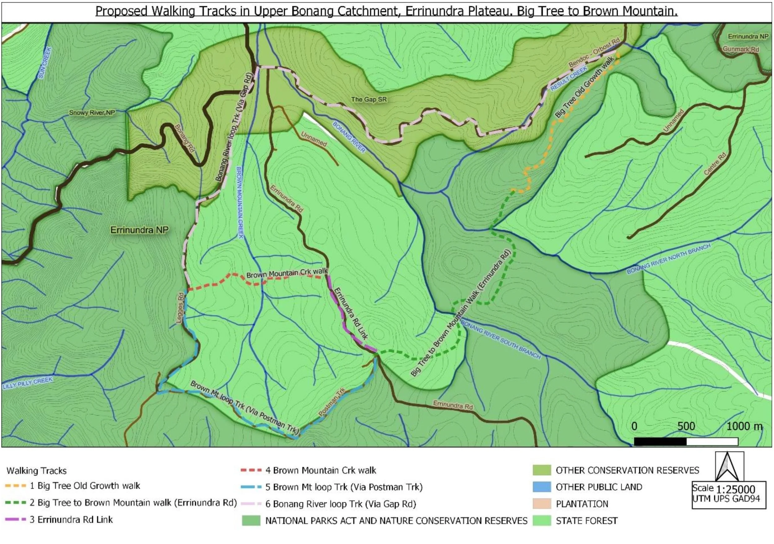 Map of walking trails in the Upper Bonang Catchment area, showing routes through national parks and conservation reserves, with trail names and connecting roads, topographical features, and a scale bar.