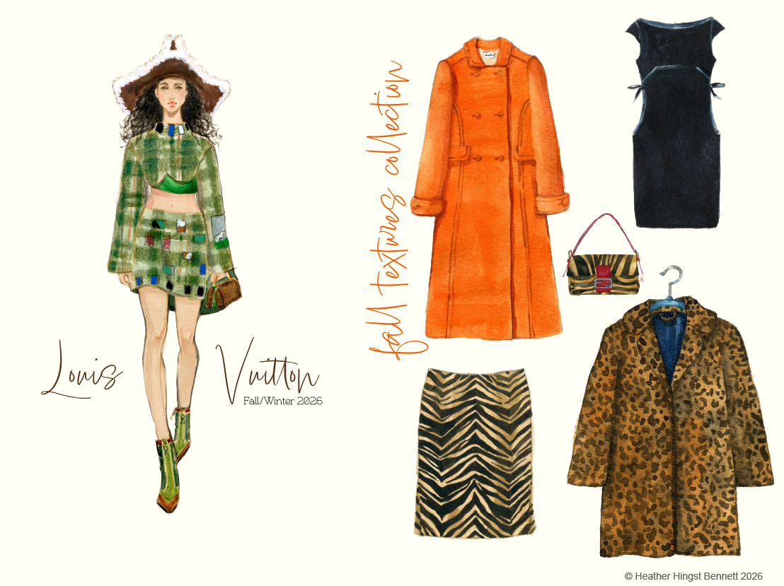 Watercolor fashion illstration featuring Louis Vuitton Fall/Winter 2026 runway look and a collection of fashion fall textures.