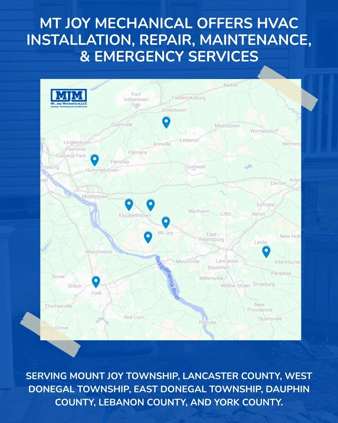 We are your local, trusted, family-owned HVAC company offering Heating, Ventilation, and AC Installation, Repair, Maintenance, and Emergency Services. 

We serve Mount Joy, Lancaster County, West Donegal Township, East Donegal Township, Dauphin Count