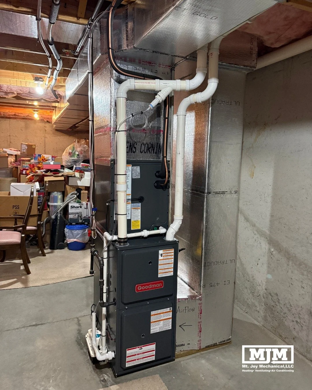 The original system in this home had reached the point where replacement made more sense than continued repairs. We removed the existing equipment and installed a new Goodman high-efficiency furnace system, complete with updated venting and drainage 