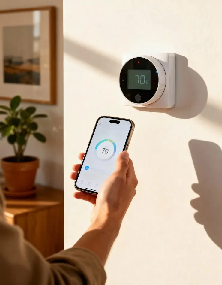 A person using a smartphone app to set the temperature on a smart thermostat on a white wall, with a potted plant and a framed picture in the background.