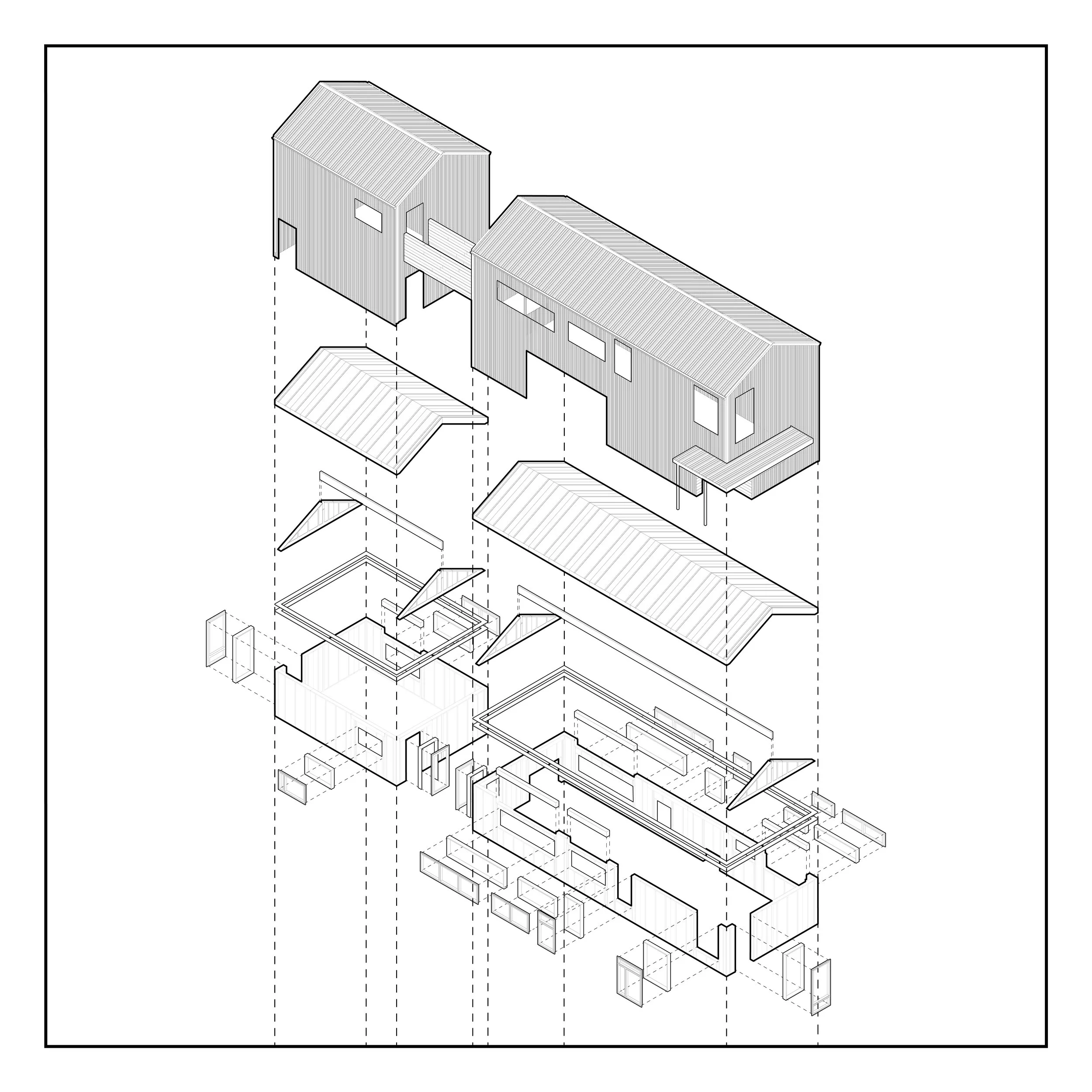 An exploded architectural drawing of a house showing individual structural components including walls, roof, windows, and framing parts.