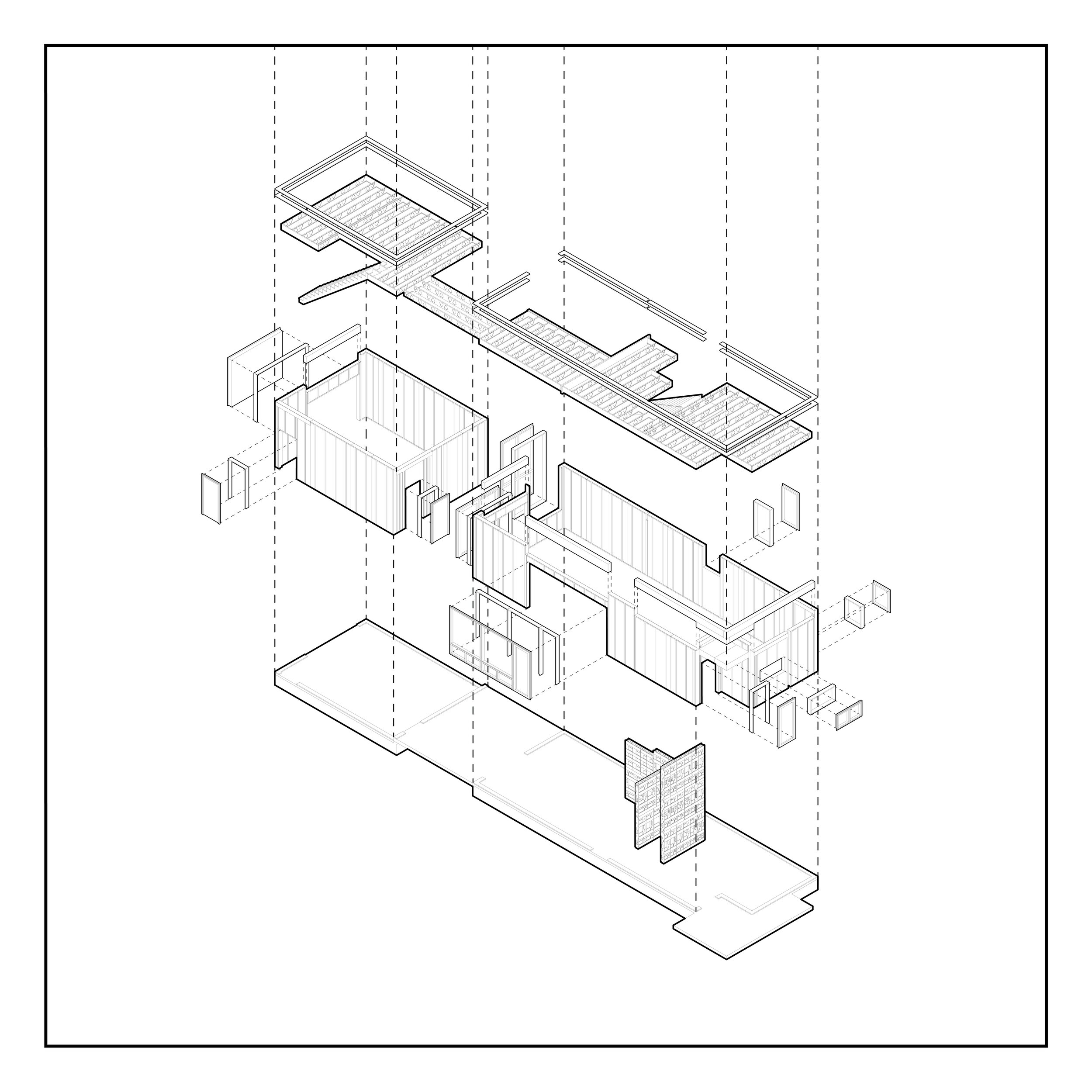 A detailed architectural exploded view of a building, showing various structural components and interior walls in a technical line drawing.