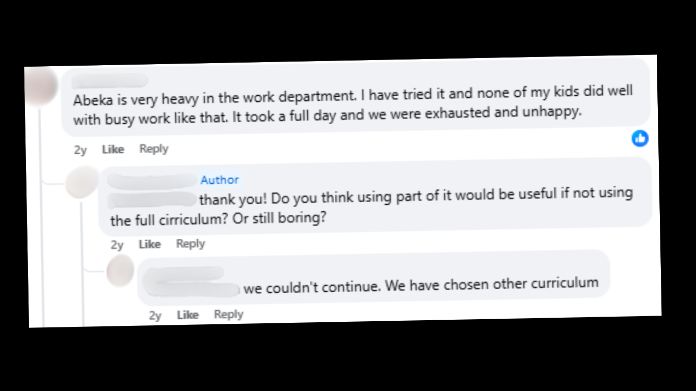 Abeka Academy is very heavy in the worksheet department!