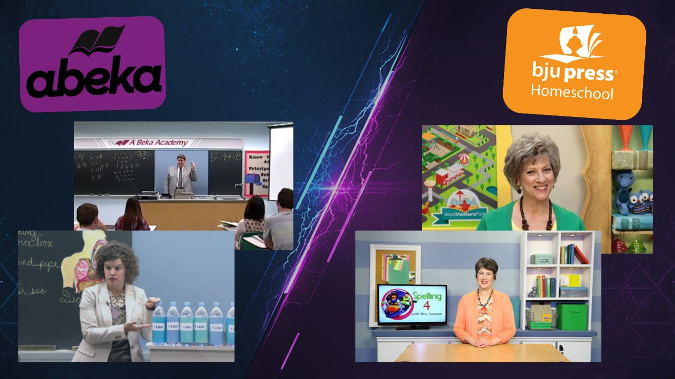 Side-by-side comparison of BJU Press and Abeka homeschool video lessons showing BJU Press teachers teaching directly to homeschool students and Abeka teachers teaching in a traditional classroom setting.