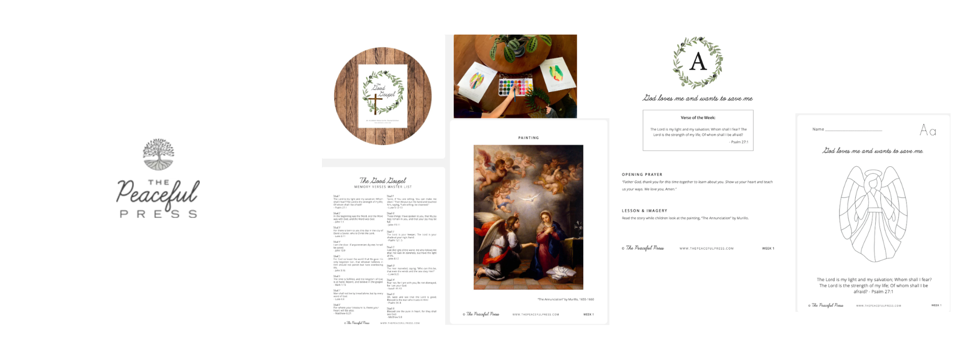 The Peaceful Press Christian early learning resources with Gospel memory verse list, Bible lesson pages, fine art study, handwriting worksheet, and Scripture-based coloring page.
