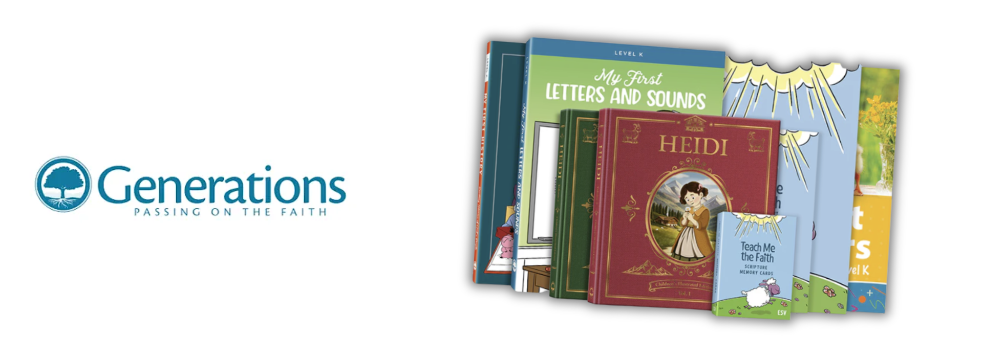 Generations Kindergarten Christian homeschool curriculum package with books for phonics, Bible, Scripture memory, math, history, and the Heidi read-aloud.