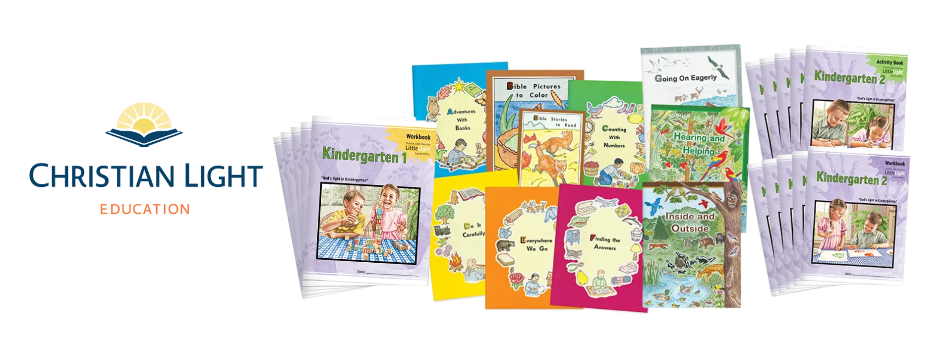 Christian Light Education kindergarten homeschool curriculum with Kindergarten 1 and Kindergarten 2 workbooks, Bible readers, activity books, and teacher resources.