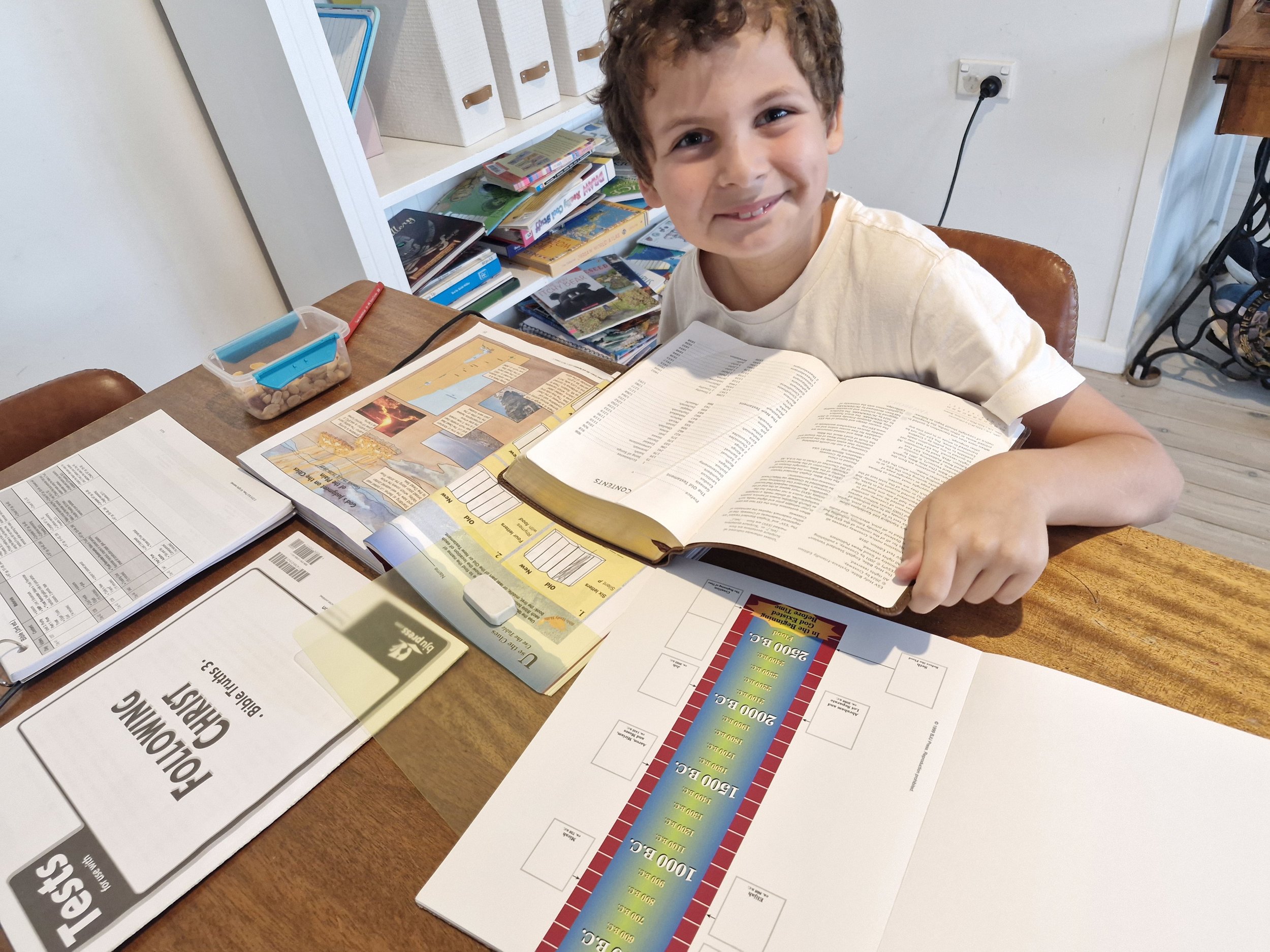 Luke working independently with Bible materials.