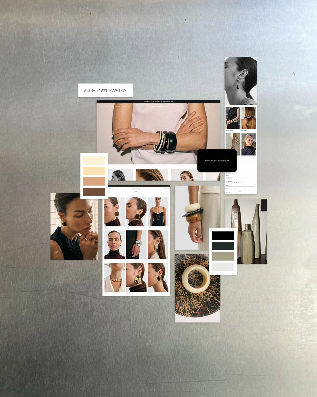 Collage of jewellery and fashion photographs, featuring models with jewellery, jewellery colour palettes, home decor and fashion accessories, with the label "Anna Rossi Jewellery."