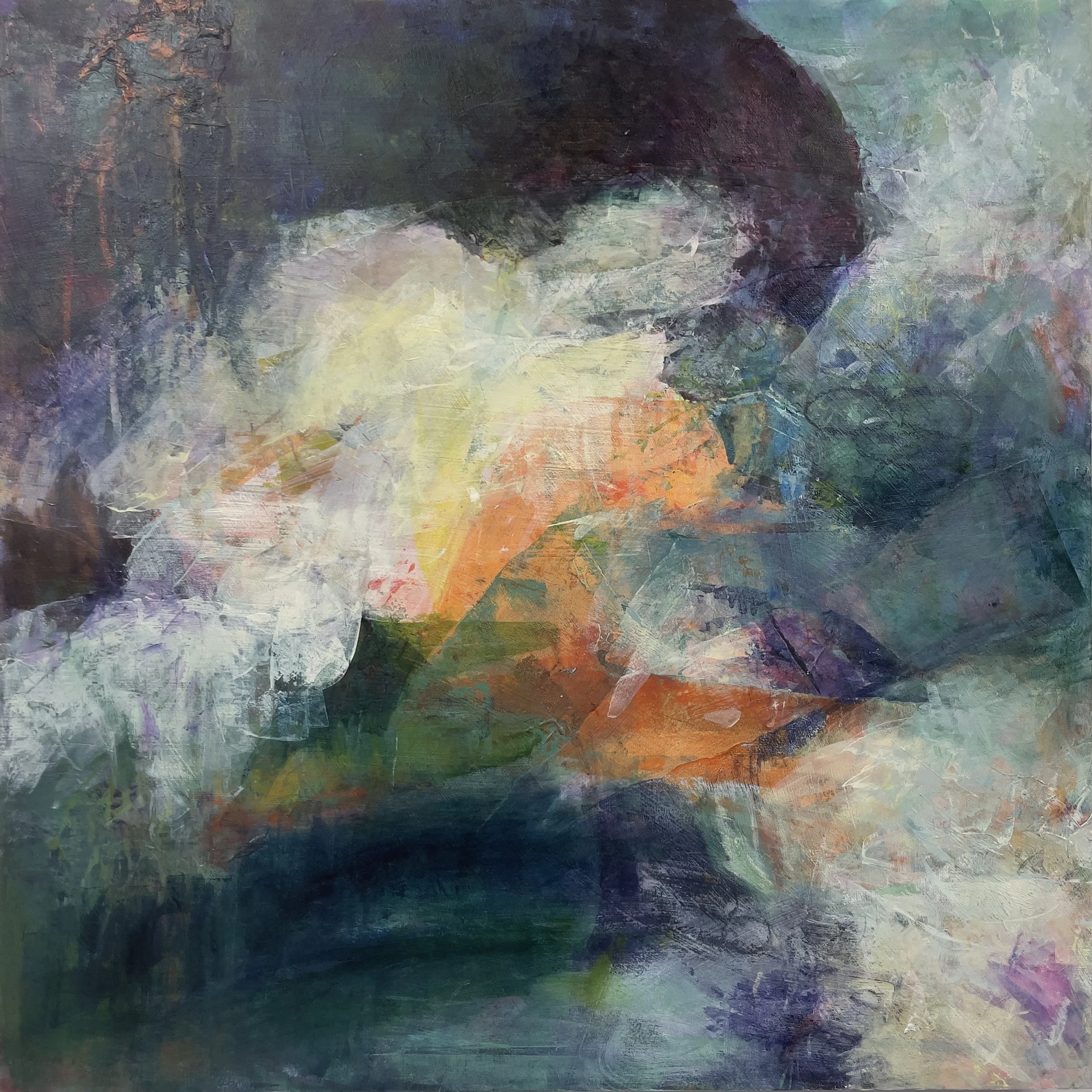 An abstract painting with various shades of blue, green, purple, yellow, and orange, with textured brush strokes.