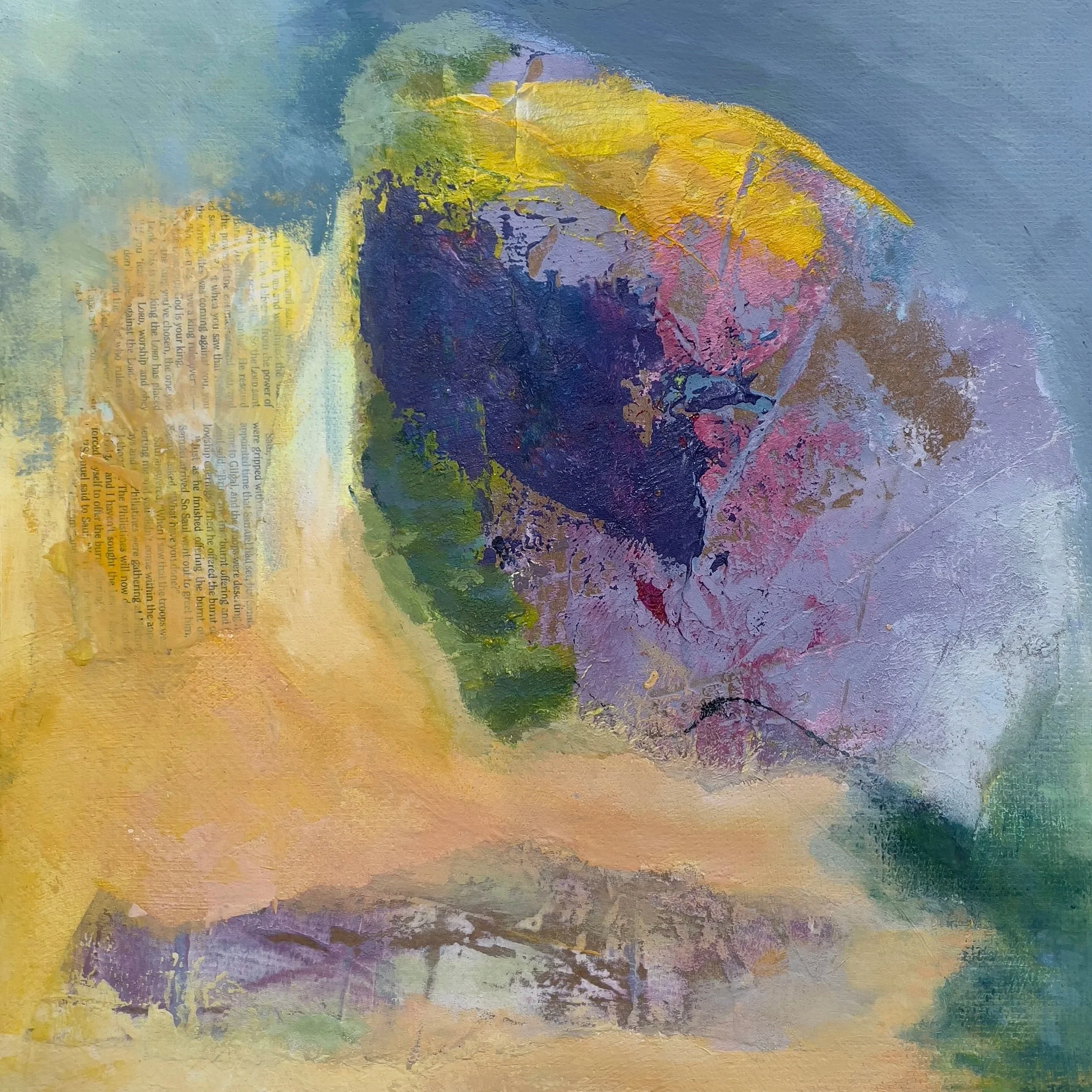 An abstract watercolor painting with a mix of purple, pink, yellow, and blue hues, featuring textured brushstrokes and a section of faint text overlay.