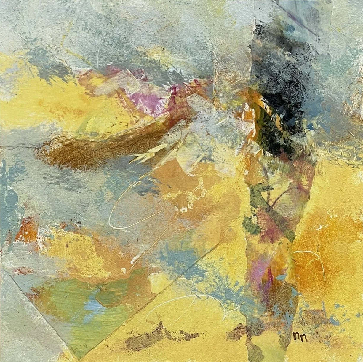 Abstract watercolor painting with shades of yellow, blue, and brown, featuring a mysterious figure with a dark face and colorful clothing.