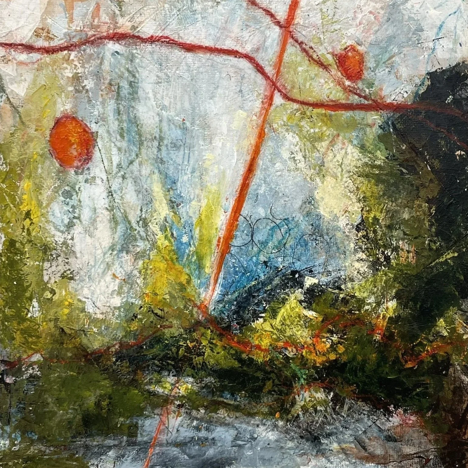 An abstract painting featuring vibrant colors, including reds, greens, blues, and yellows. The composition has textured brushstrokes, with some red lines running diagonally and vertically across the canvas, and red, orange, and yellow circular shapes resembling flowers or berries amidst the textured background.