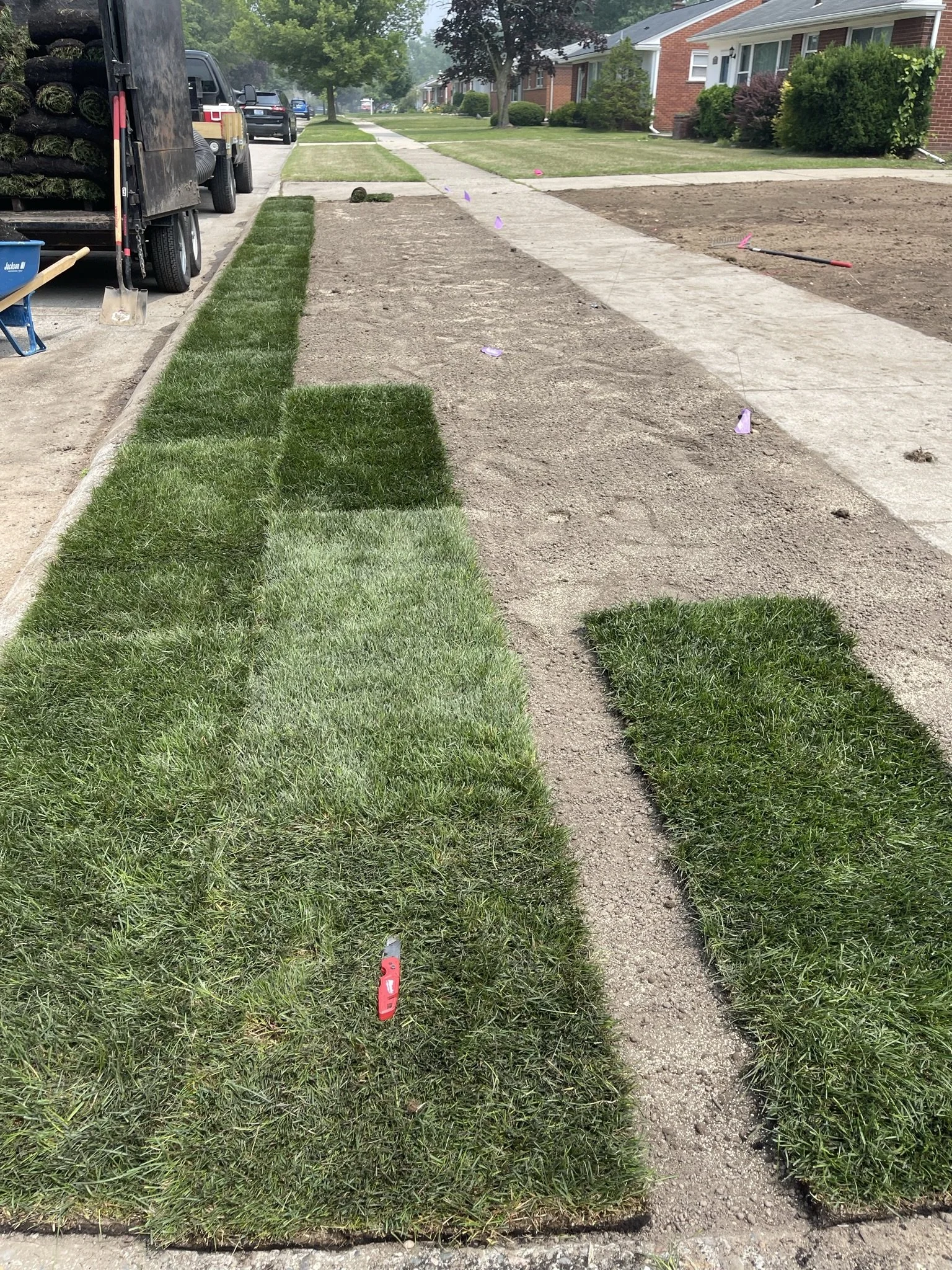 Lawn patches being laid on a sidewalk, with some patches fully installed and others awaiting placement. Tools and equipment are visible nearby.