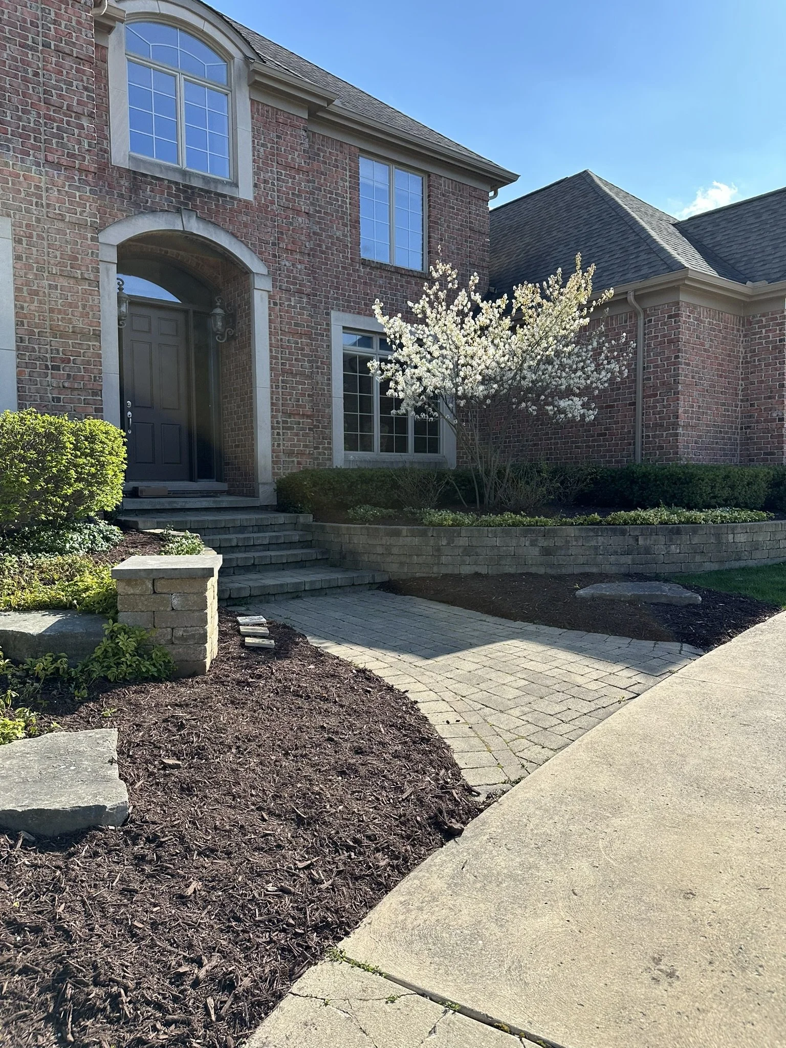 Front view of a brick house with a small garden, flowering tree, brick steps, paved walkway, and a clear blue sky.