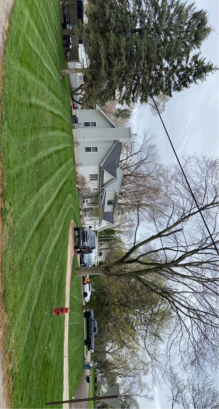 Residential backyard with a well-maintained lawn, a concrete sidewalk, a fire hydrant, several parked cars, large trees, and a two-story house with white siding and a dark roof.
