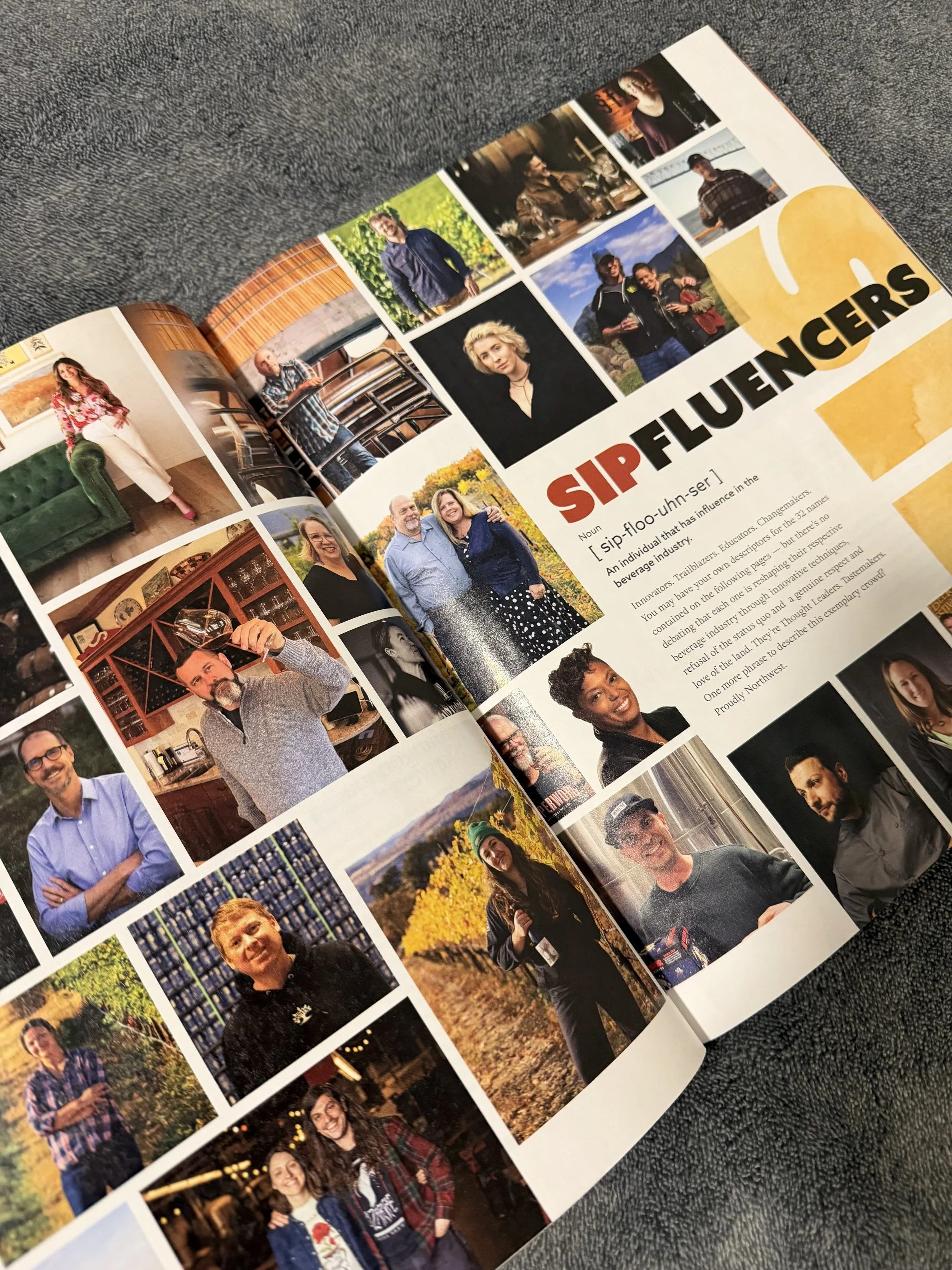 Open magazine spread featuring multiple photos of diverse people, with the headline 'SIP FLUENCERS' and a definition describing sipfluencers as individuals influencing beverage industry trends.