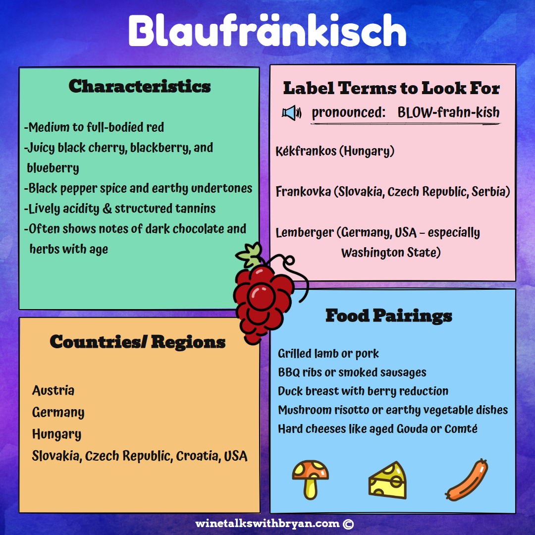 Colorful infographic about blueberries, including characteristics, food pairings, country origins, and label terms, with a cluster of blueberries in the center.