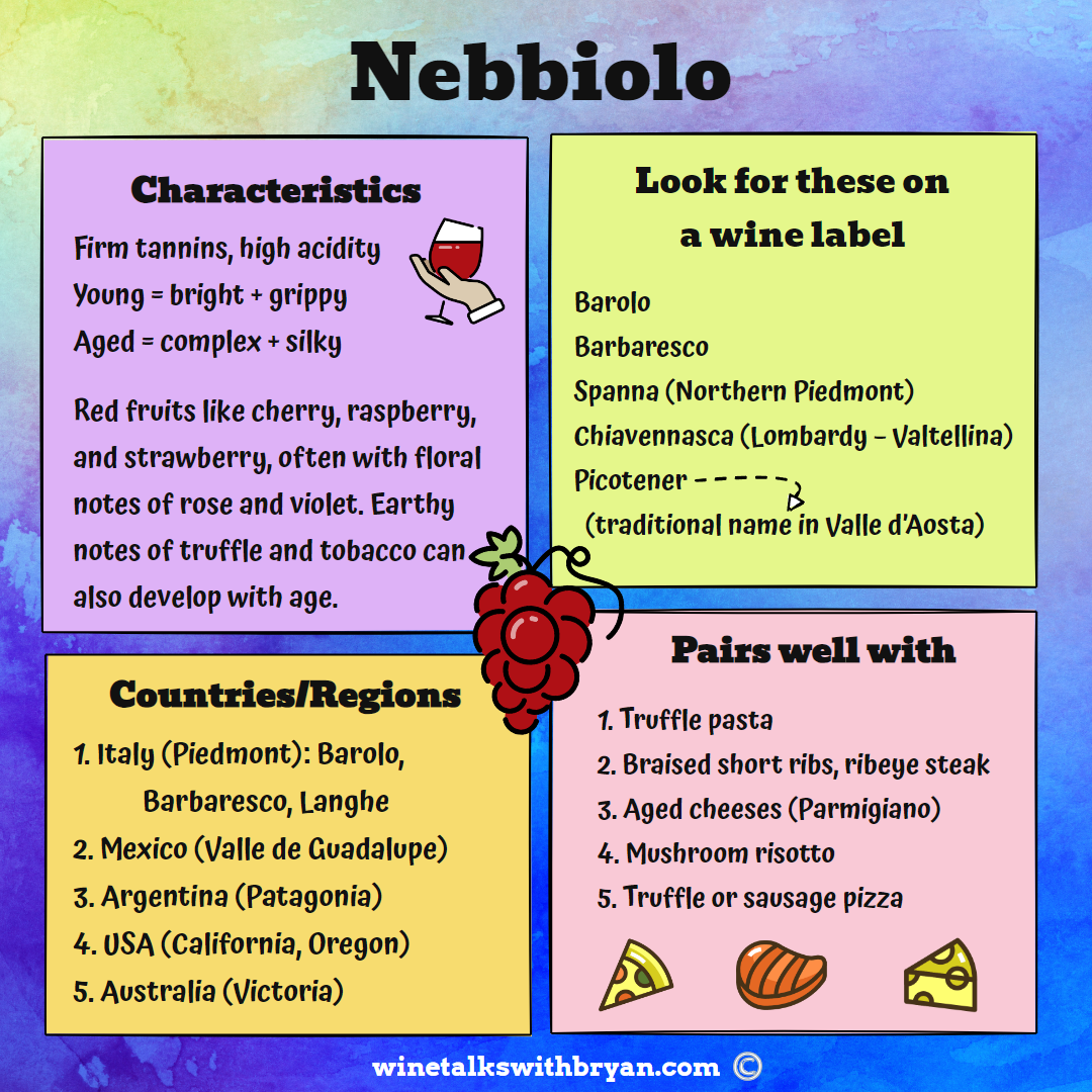 Infographic about Nebbiolo wine: Characteristics such as firm tannins, high acidity, bright and grippy when young, complex and silky when aged, red fruits like cherry, raspberry, strawberry with floral notes of rose and violet, earthy notes of truffl
