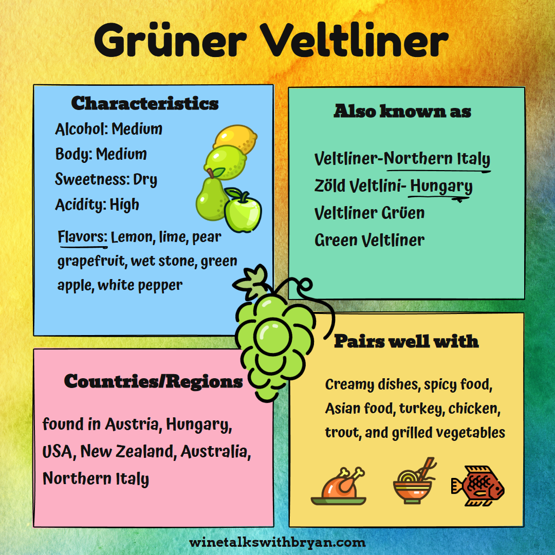 Infographic about Grüner Veltliner, showing characteristics, synonyms, regions, and food pairings, with illustrations of grapes, chicken, noodles, and fish.