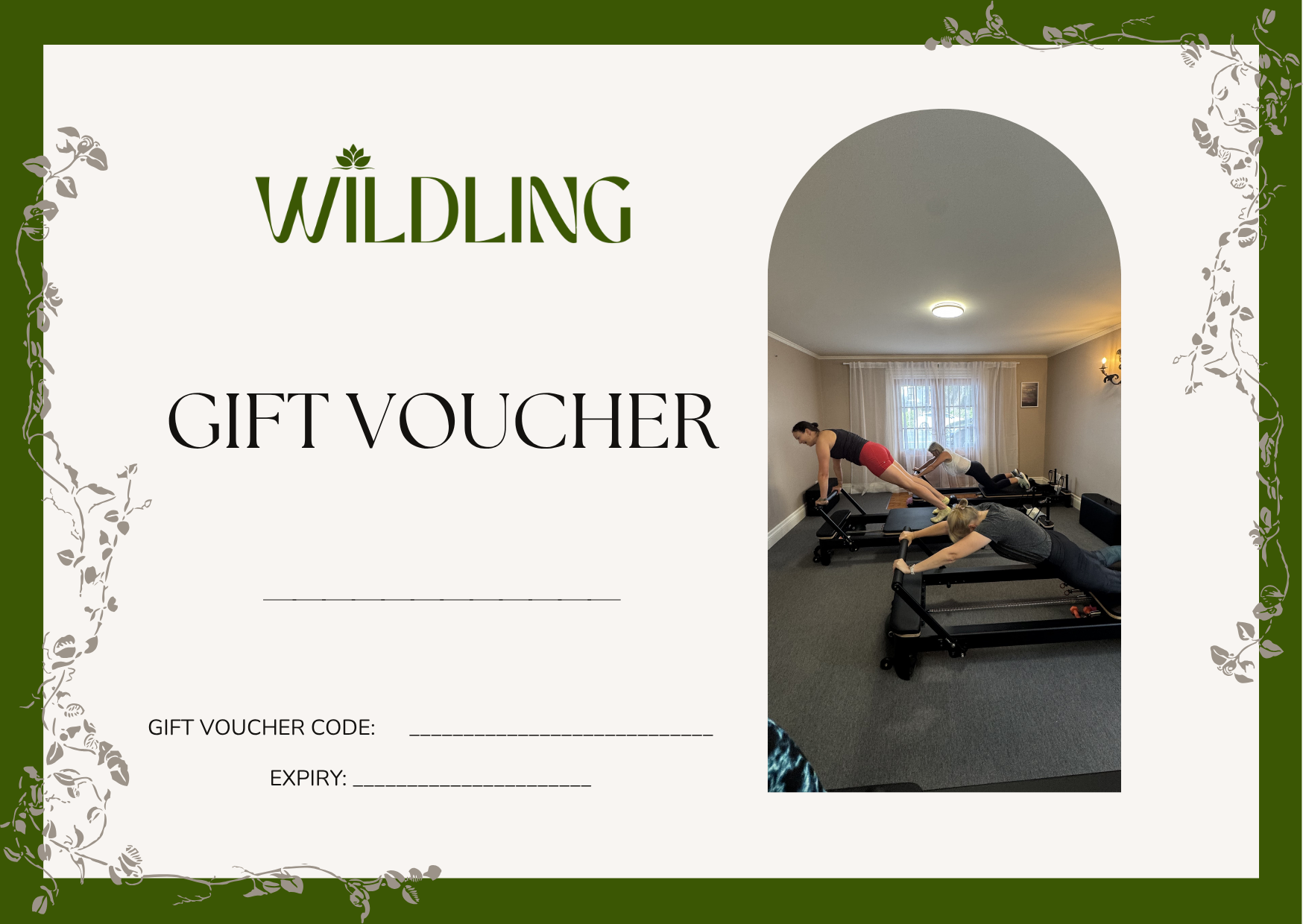 A gift voucher for Wildling featuring a photo of women exercising on reformer machines in a gym with beige walls, window with curtains, and ceiling light.