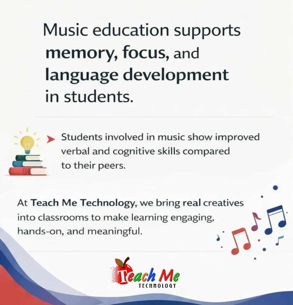 Music is more cognitive than you realize. 🎶

Students involved in music education often show stronger memory, focus, and language skills.

TMT programs are designed to blend creativity with real world learning, helping students build confidence whil