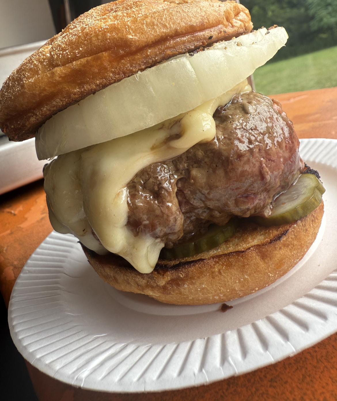 Close-up view of a cheeseburger with a beef patty, melted cheese, pickles, onion slice, and a biscuit bun.