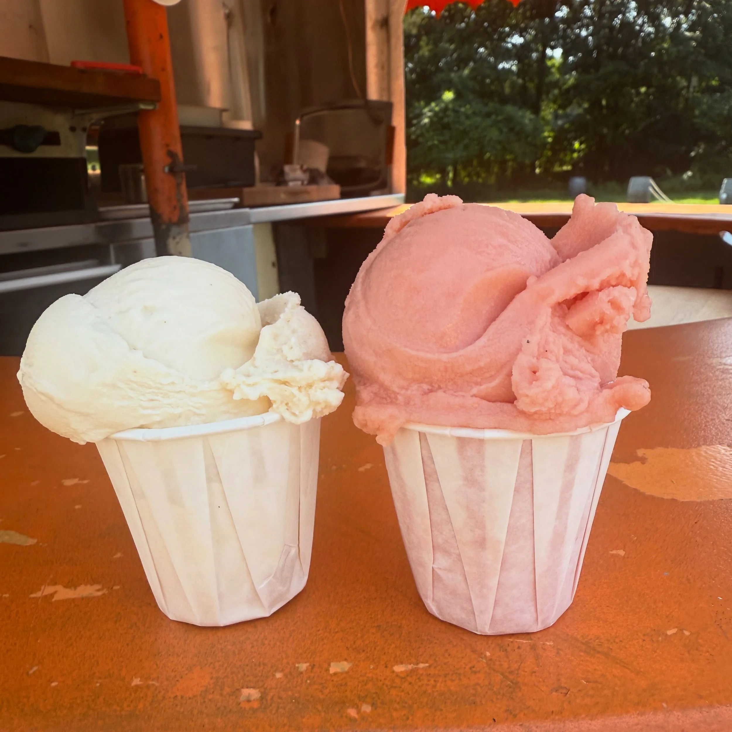 Two cups of ice cream on a wooden table, one vanilla and one strawberry, with a background of trees and an outdoor setting.