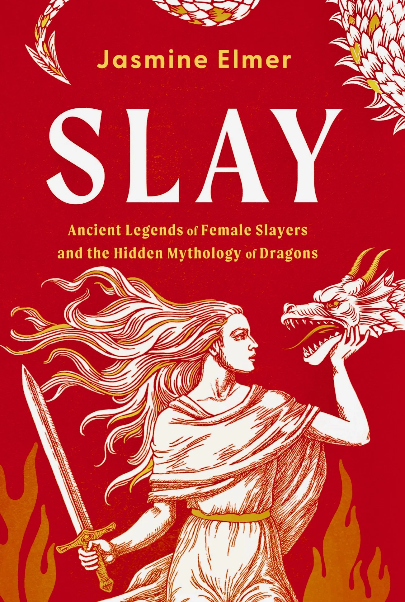 Book cover titled 'SLAY' by Jasmine Elmer. Features an illustration of a woman with long flowing hair, holding a sword, and a dragon breathing fire in the background. The cover has a red and gold color scheme.