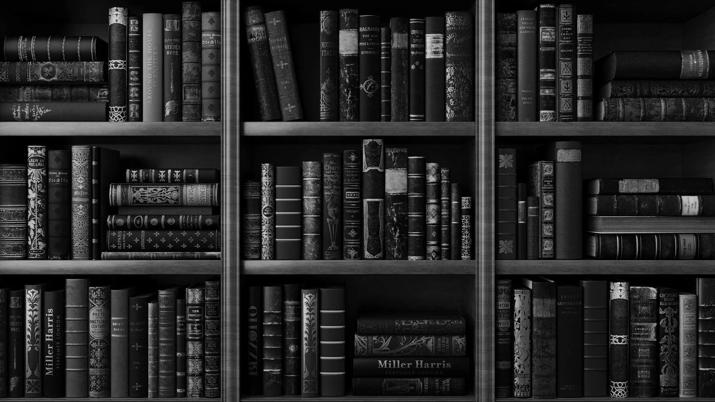 Bookshelf filled with various books arranged vertically, some stacked horizontally, in black and white.