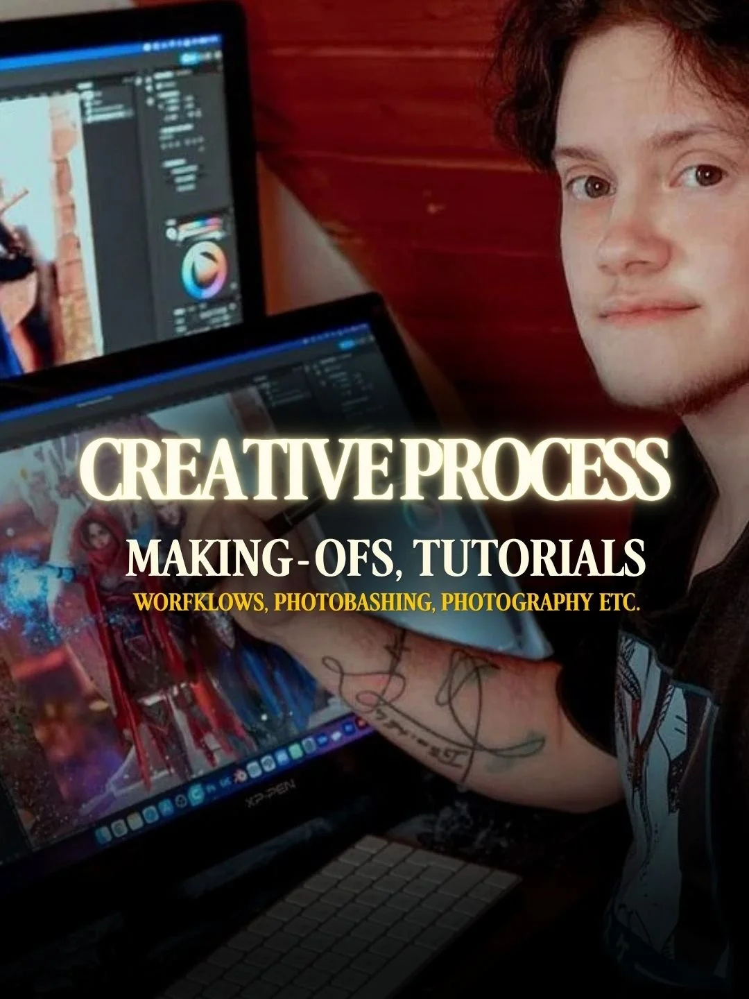 A person working on a computer, promoting a creative process tutorial on making OFs, tutorials, workflows, photobashing, and photography.