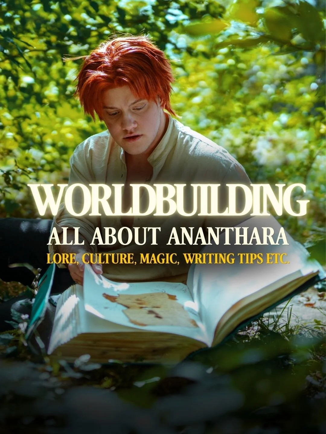 A person with red hair looking at an open book outdoors among green foliage with overlay text about Ananthara lore, culture, magic, and writing tips.