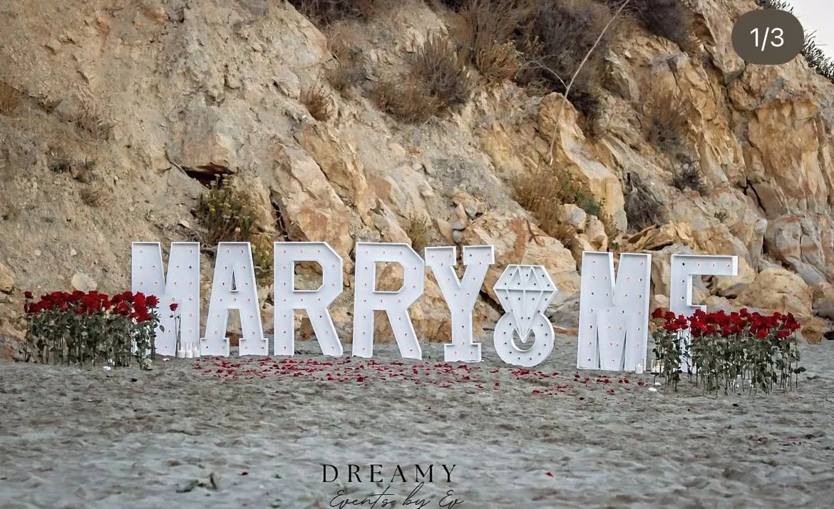 Large illuminated letters spell out "MARRY ME" on a sandy ground, decorated with red roses on both sides, with a rocky cliff in the background.