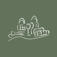 Outline drawing of a cityscape with buildings and bridges on a green background.