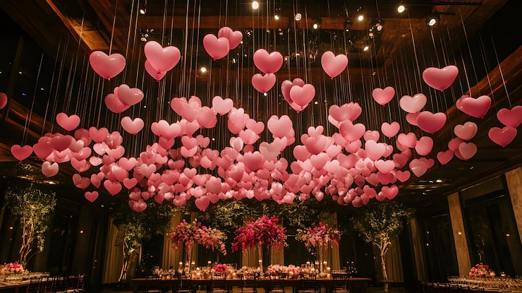 A decorated event hall with numerous hanging pink heart-shaped balloons and floral centerpieces on tables.