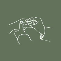 Line drawing of two hands holding a small object, possibly a piece of jewelry or a ring, with a string or wire.