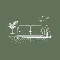 Minimalist living room with a sofa, potted plant, and floor lamp on a green background.