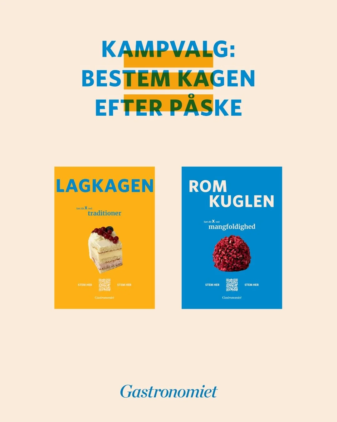 Idag er det valgdag og vores frokostkunder kan afgive deres stemme til Gastronomiets 'Kage Valg'.
Stem i 'Storys'.

Vi har 2 s&oslash;de kandidater, der stiller op til kampvalg - kandidaten med flest stemmer kommer p&aring; menuen efter p&aring;ske.
