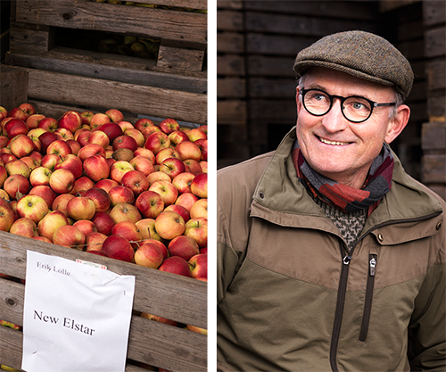 Firmafrokost fra Gastronomiet. Erik Lolle fra Lollefrugt med hat og hans lokale æbler i palleramme.