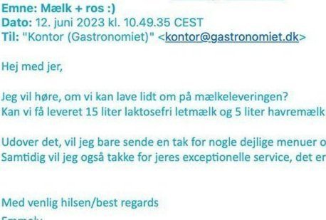 En emailkorrespondance om levering af laktosefri letmælk og havremælk til København, sendt den 12. juni 2023.
